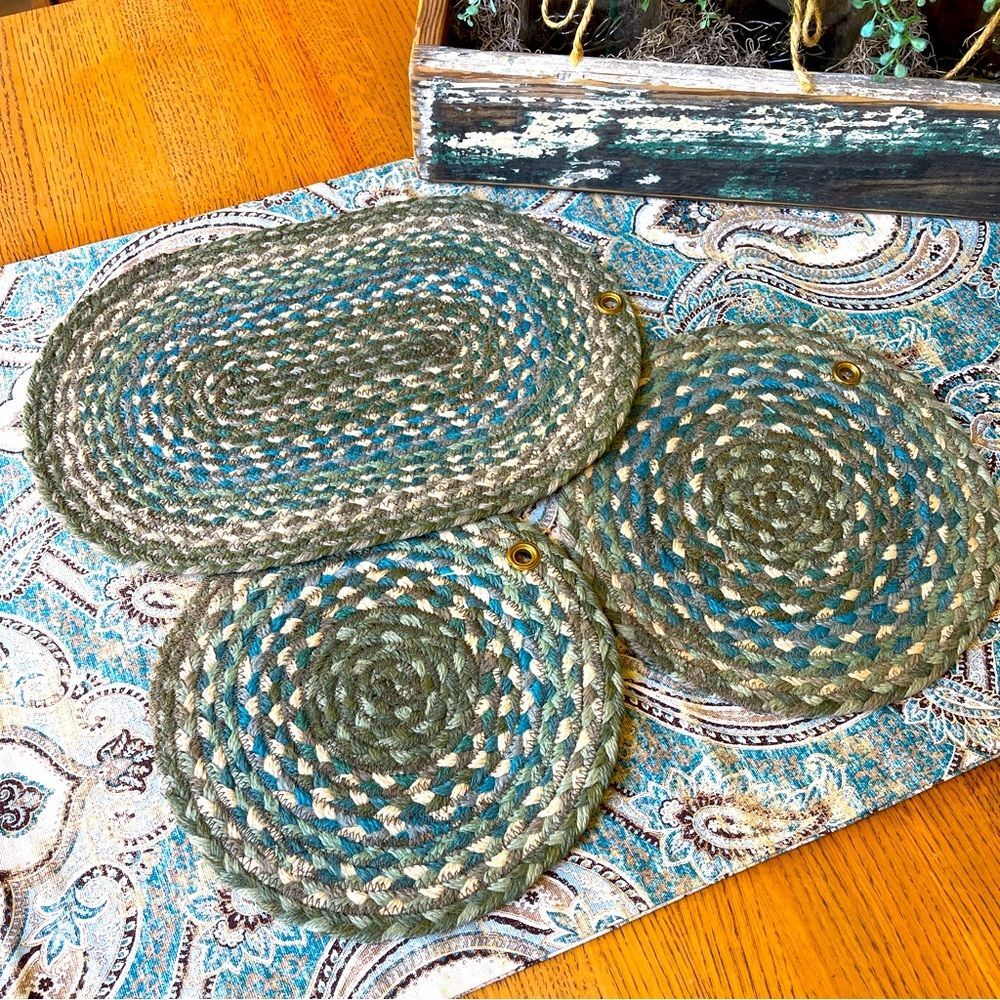 Earth Rugs Braided Jute 3pc Trivet Wall Hanging Set Green Blue NWT